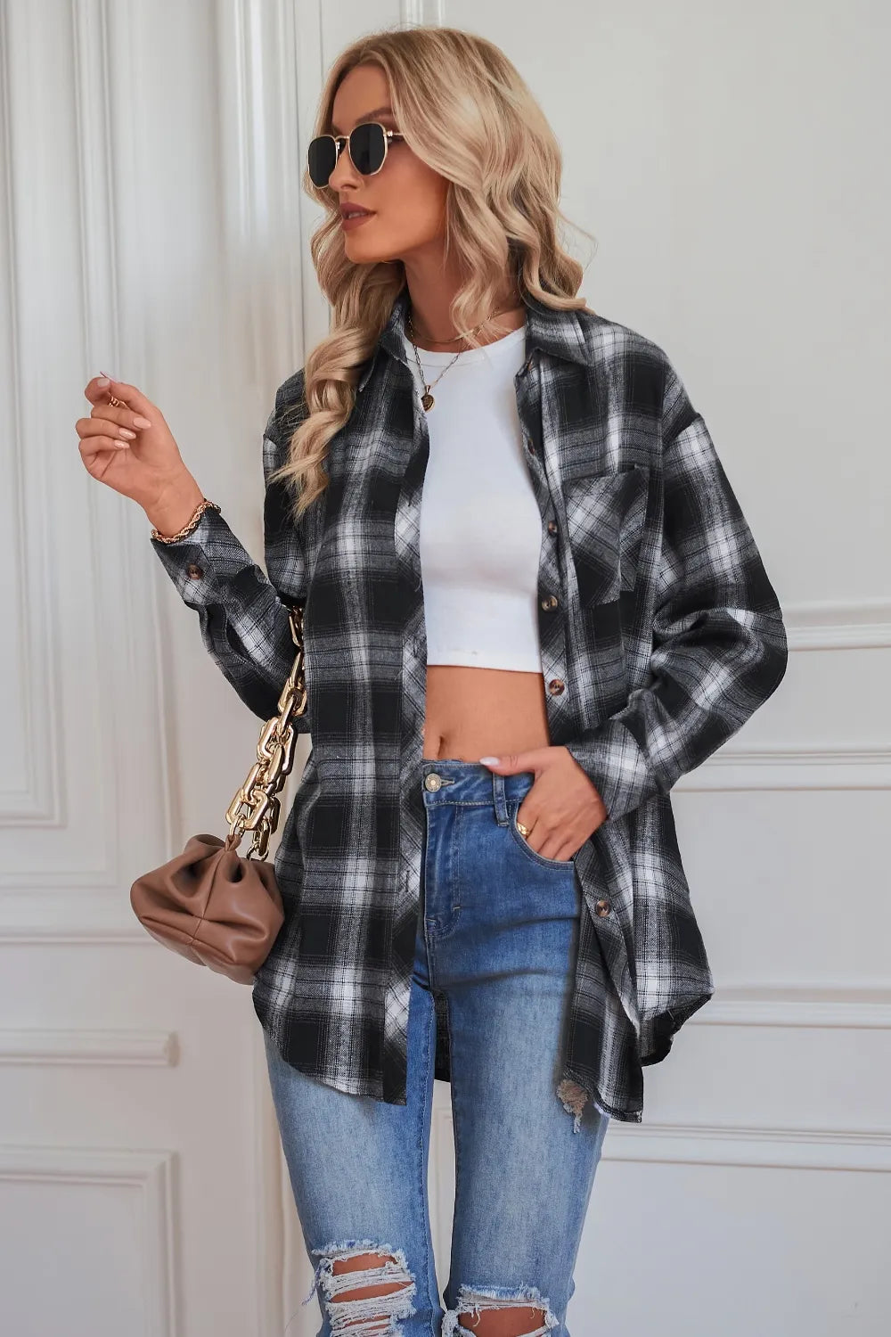 Plaid Button Up Dropped Shoulder Outerwear (7)