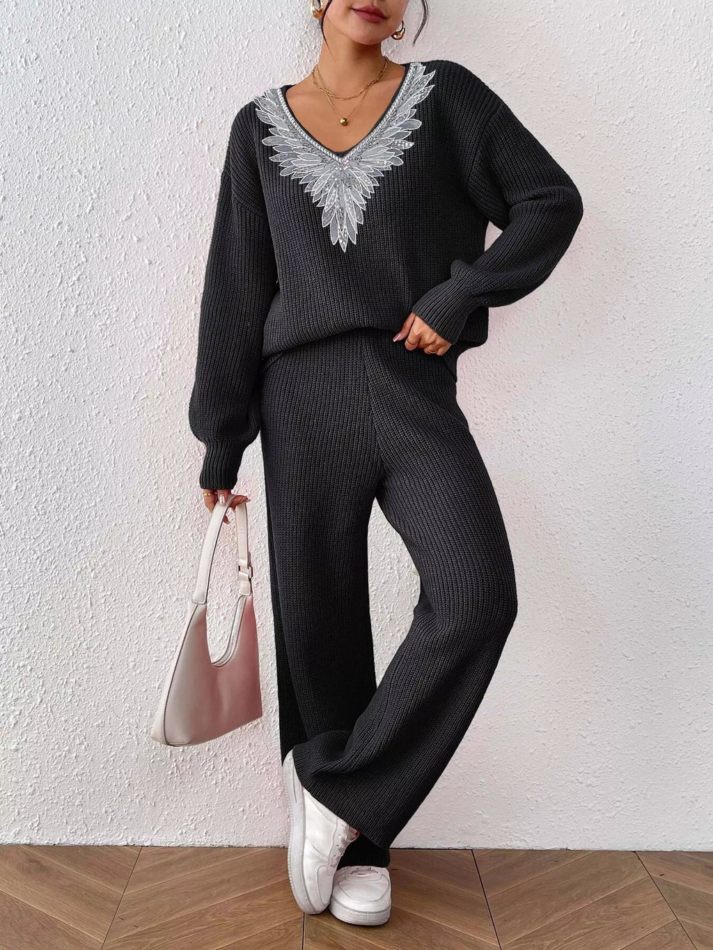 V-neck Sweater Pants Set (9)