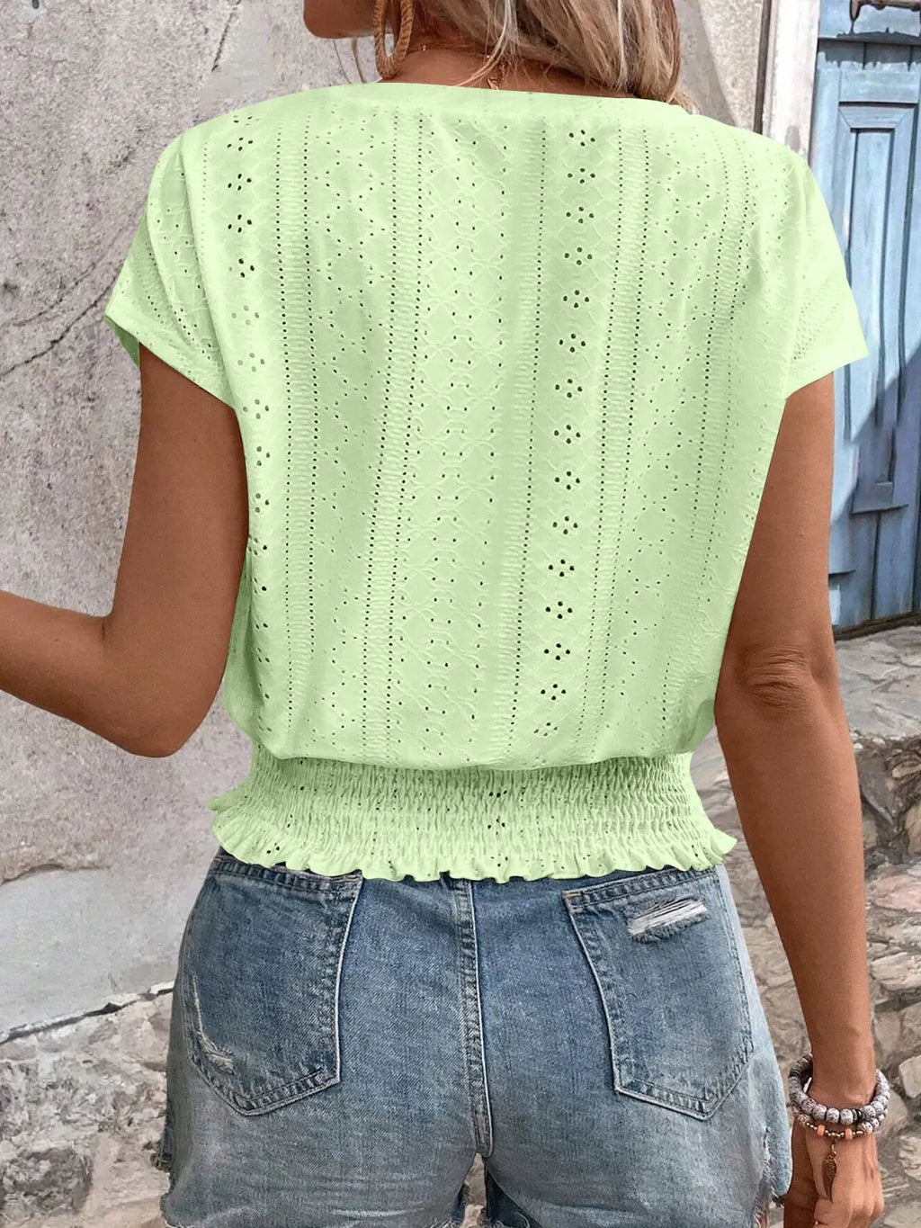 Eyelet V-neck Short Sleeve Blouse (5)