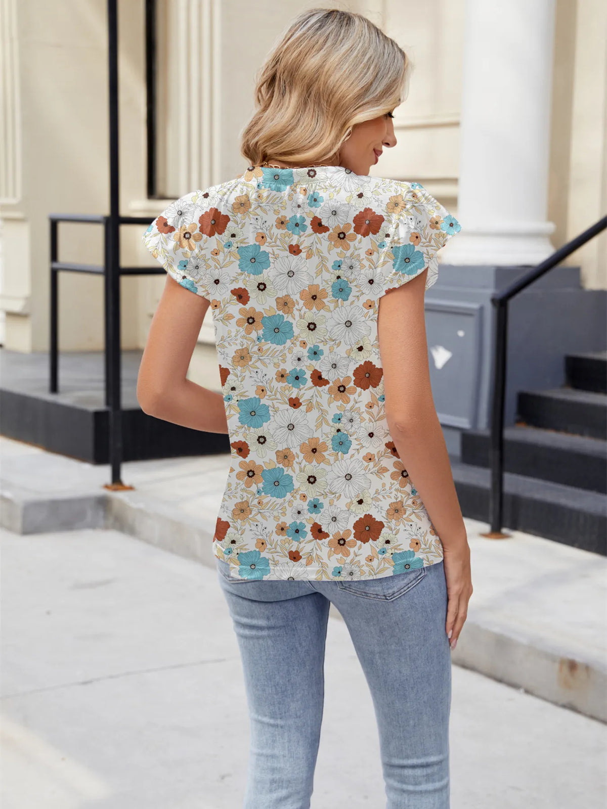 Floral Print V-neck Cap Sleeve Casual Summer Blouse (4)