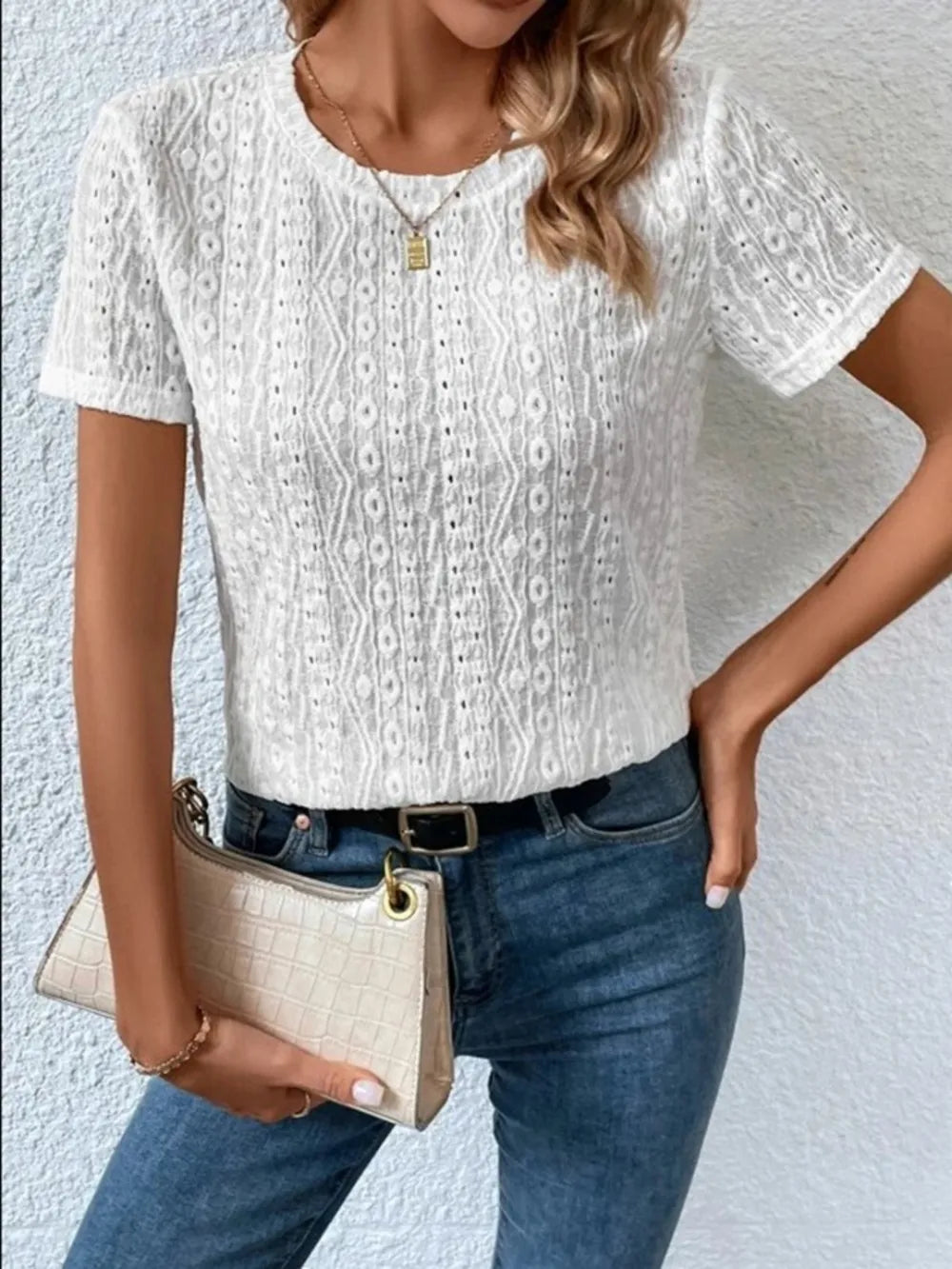 Eyelet Round Neck Short Sleeve T-shirt