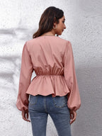 V-neck Balloon Sleeve Peplum Blouse (2)