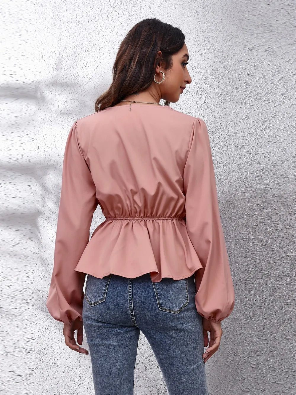 V-neck Balloon Sleeve Peplum Blouse (2)