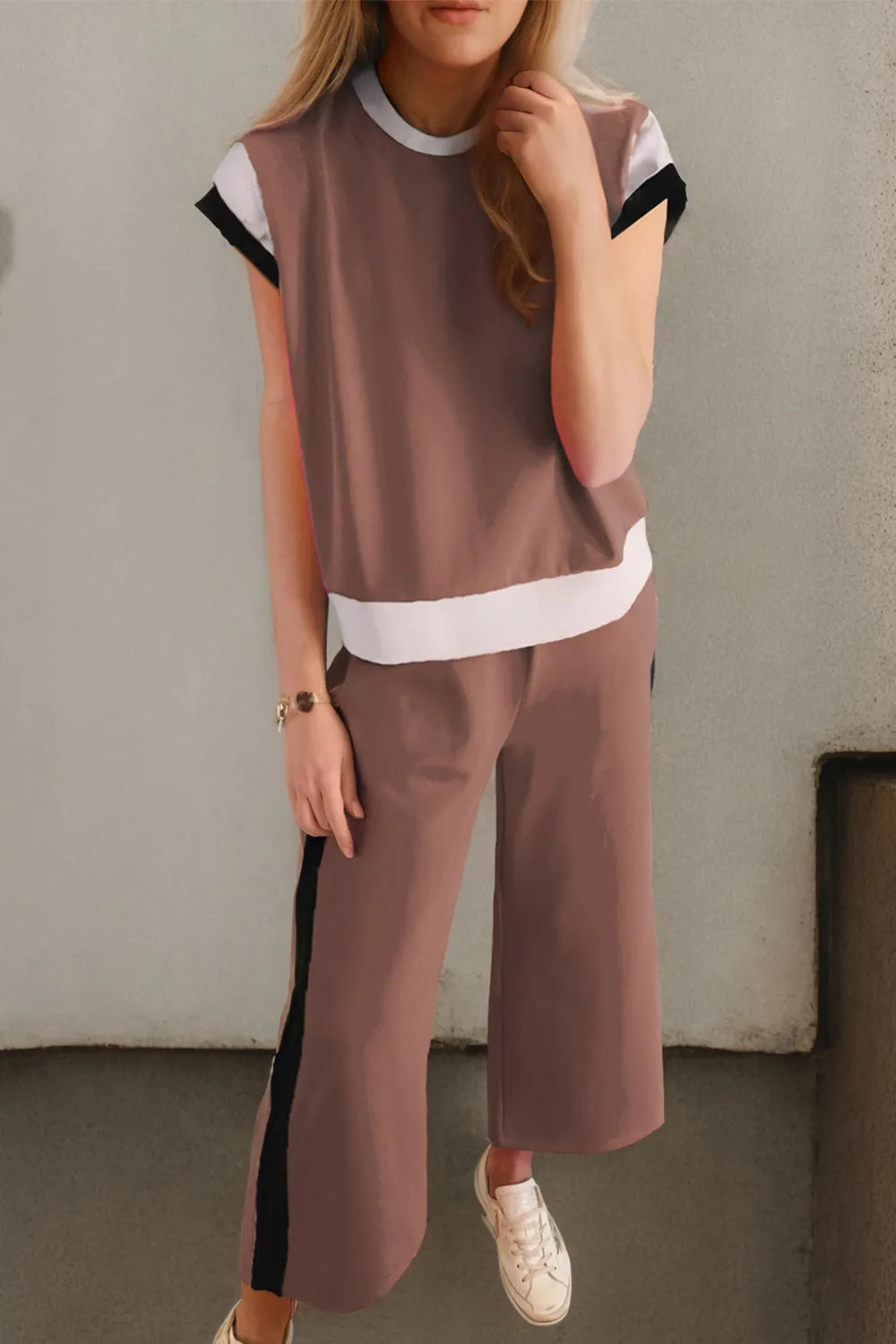 Contrast Round Neck Top Pants Set (7)