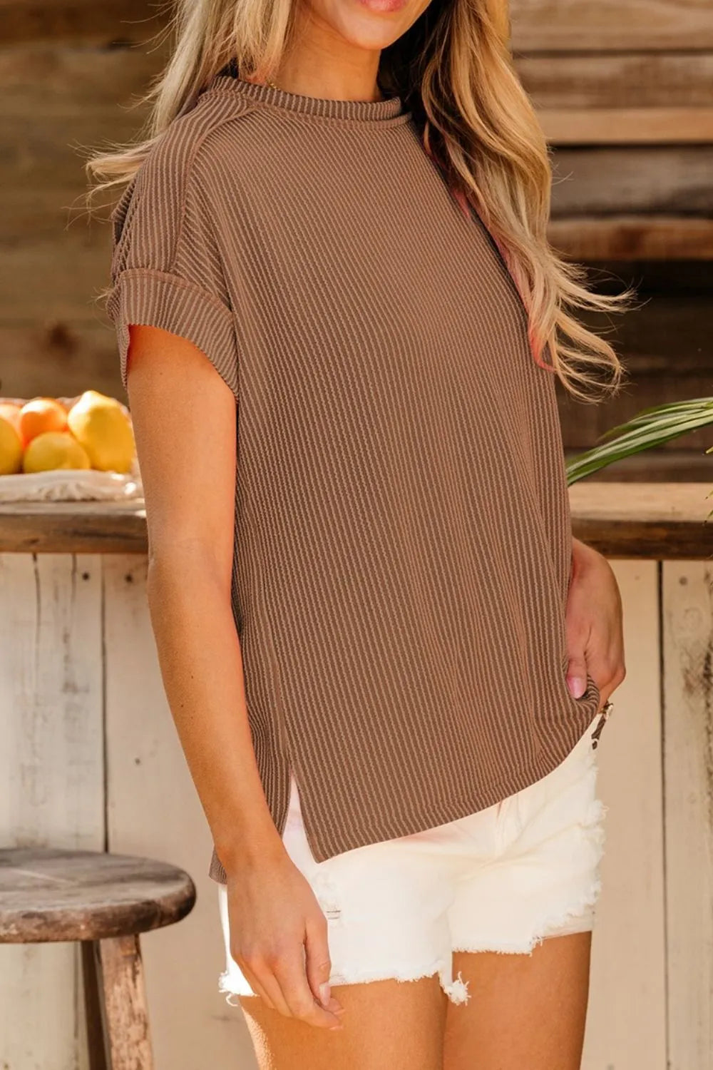Casual Ribbed Short Sleeve Round Neck T-shirt (17)