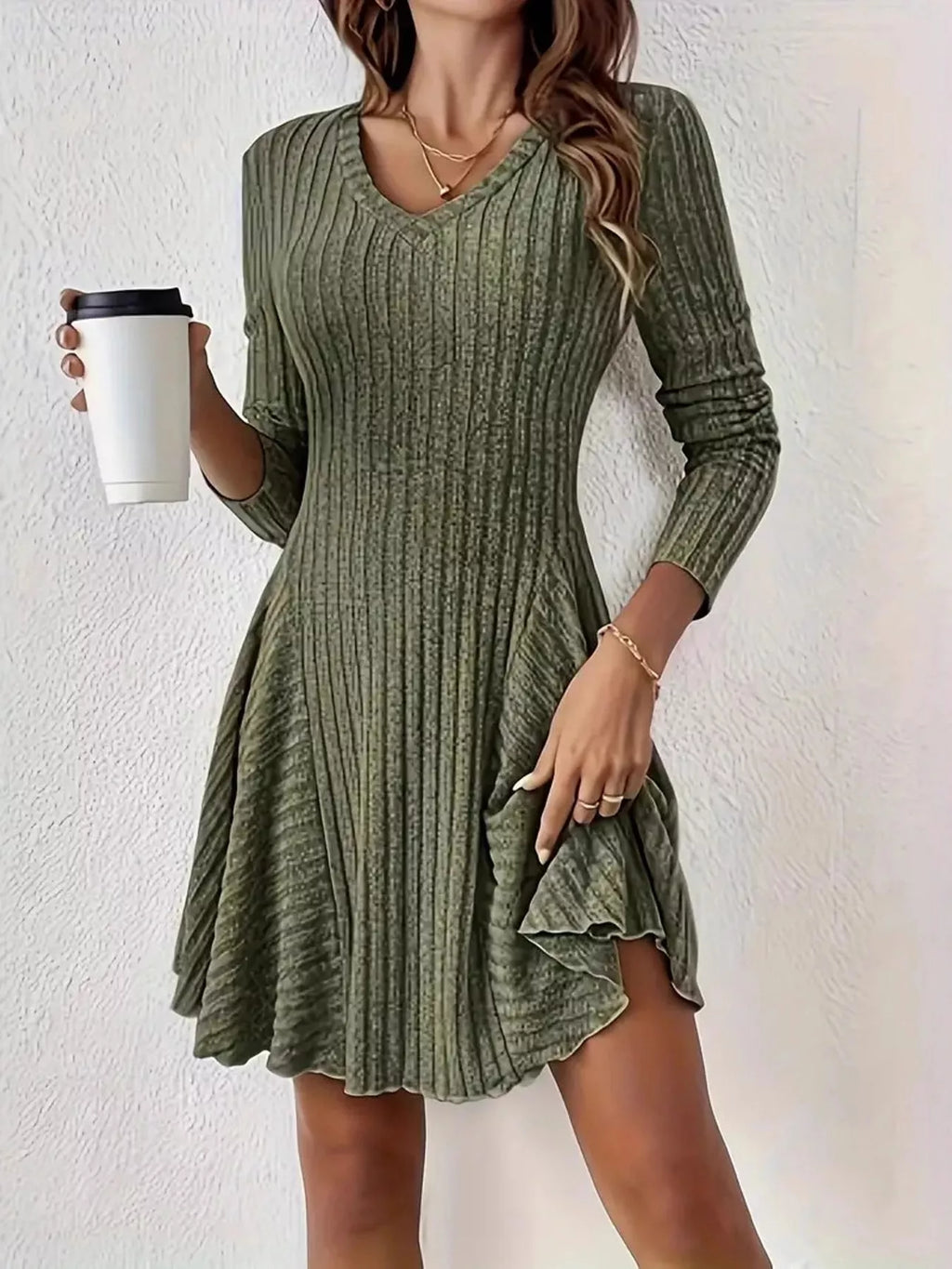 V-neck Ribbed Knit A-line Dress