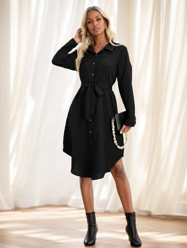 Solid Color Long-Sleeve Midi Dress