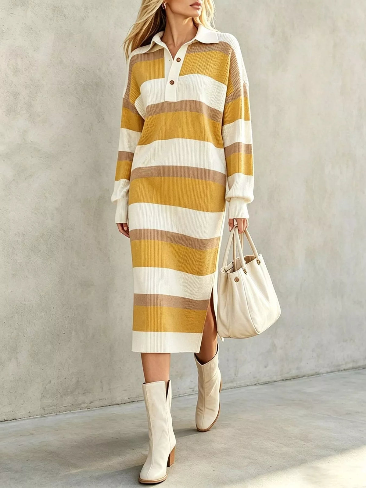 Striped Polo Collar Long Sleeve Sweater Dress (5)