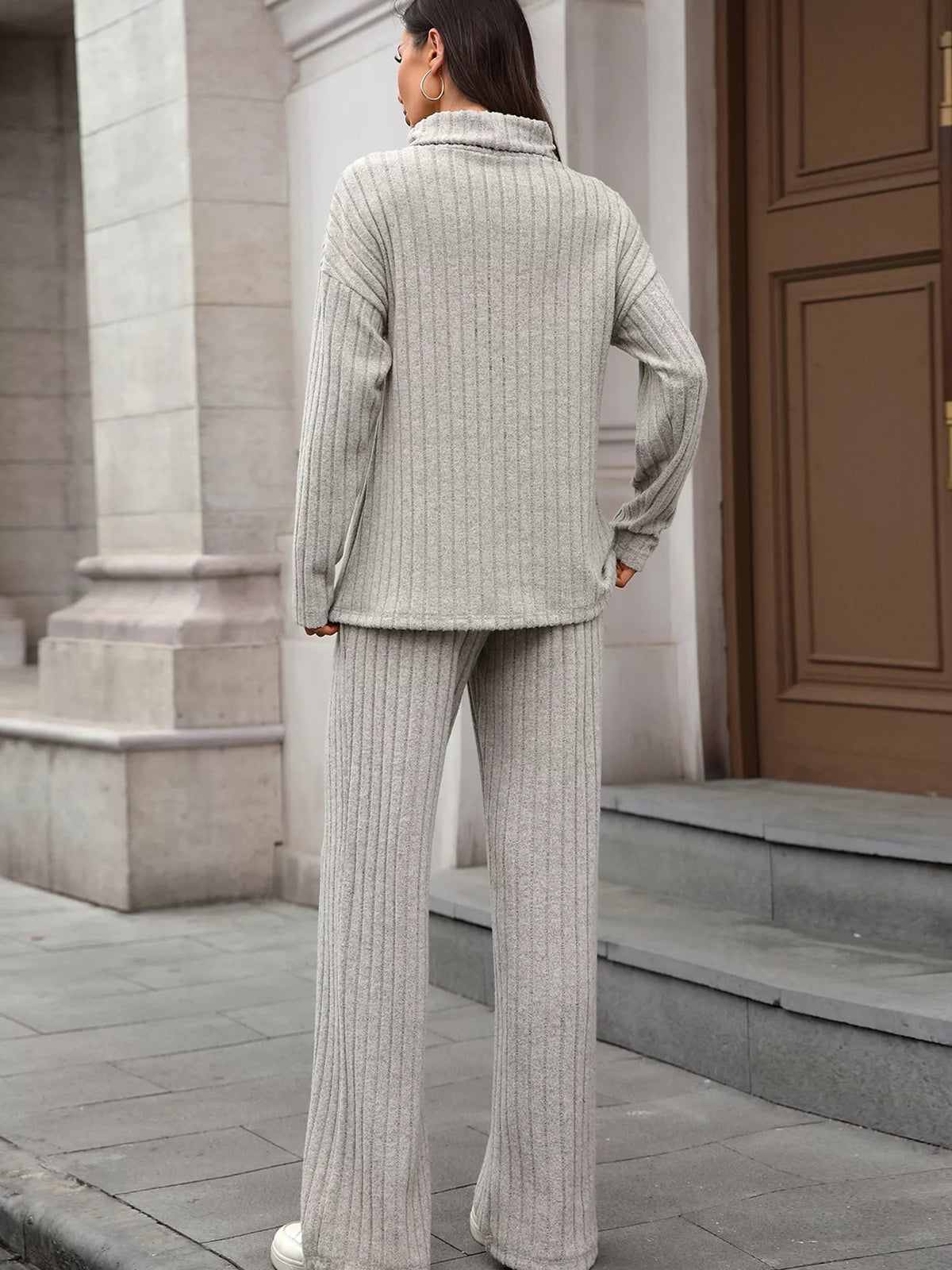 Ribbed Turtleneck Dropped Shoulder Top Pants Sweater Set (7)