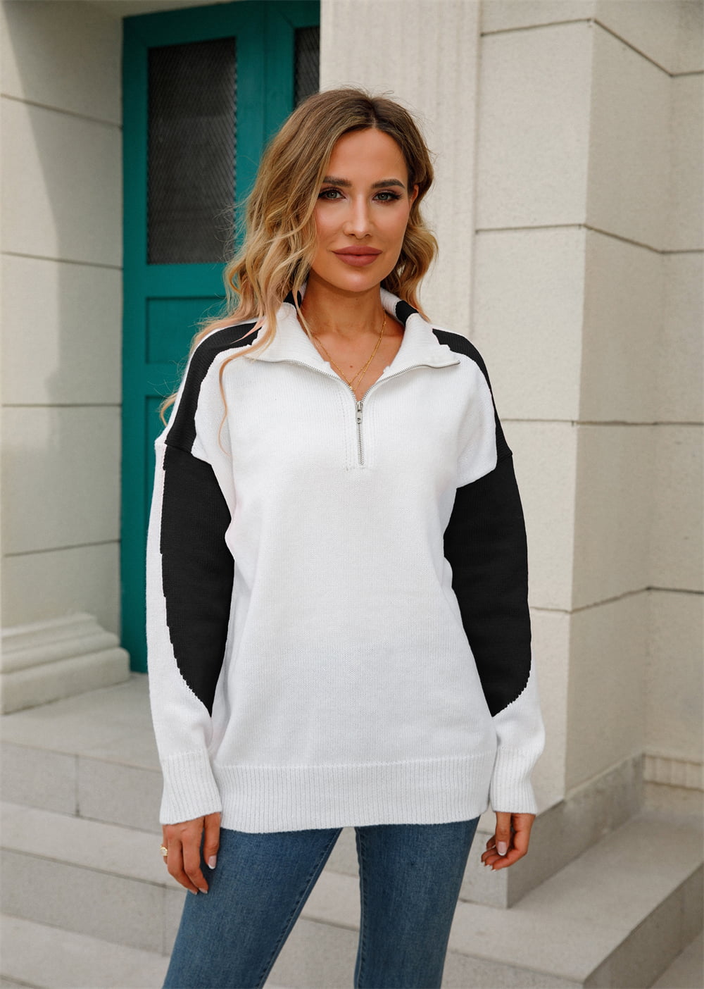 Two-tone Collared Neck Dropped Shoulder Knit Top (12)