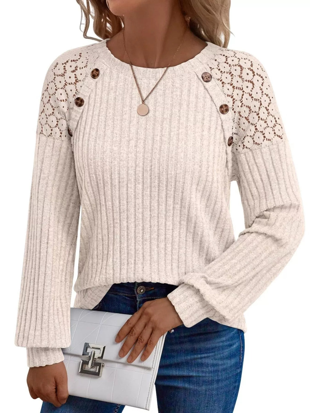 Ribbed Knit T-shirt Lace Shoulder Detail (5)