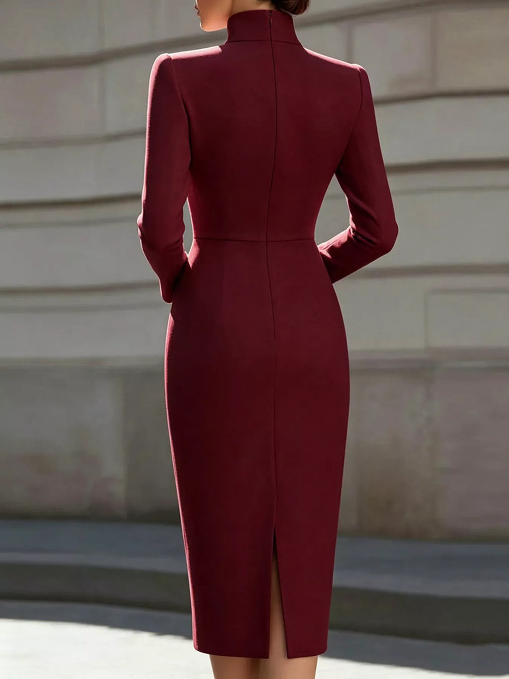 High Neck Long Sleeve Slit Dress (8)