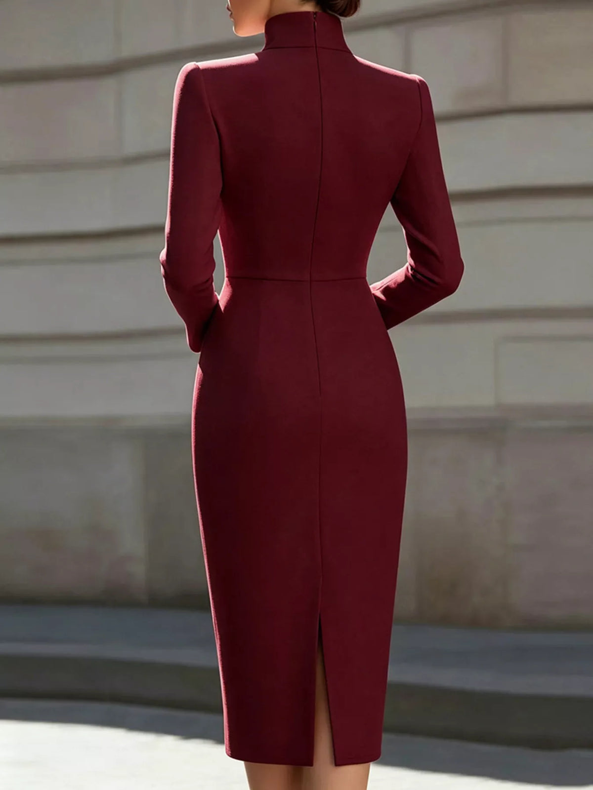 High Neck Long Sleeve Slit Dress (8)