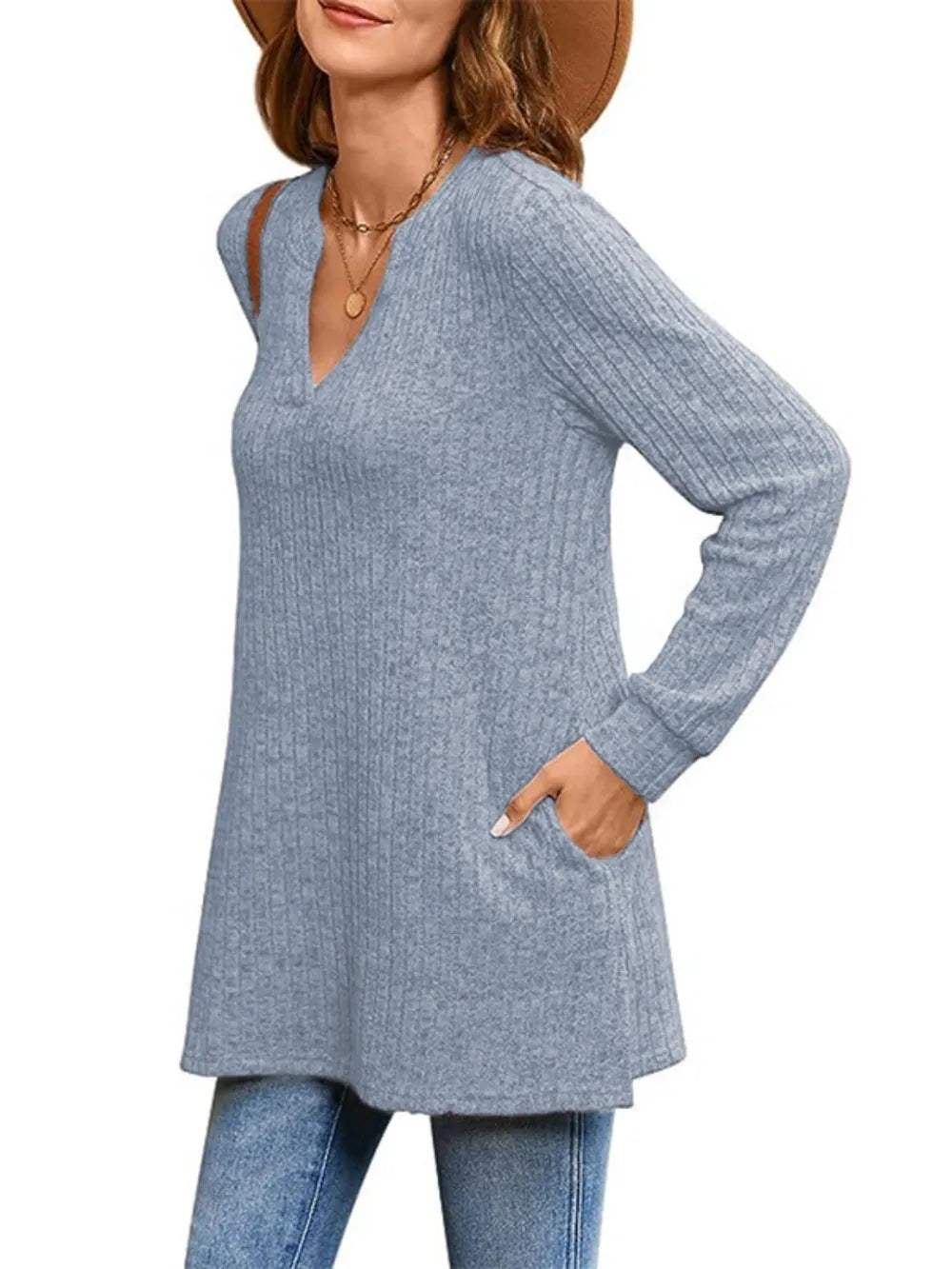 Ribbed Notched Long Sleeve T-shirt (5)