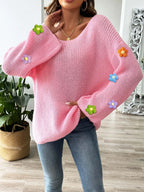 Flower Round Neck Long Sleeve Sweater (3)