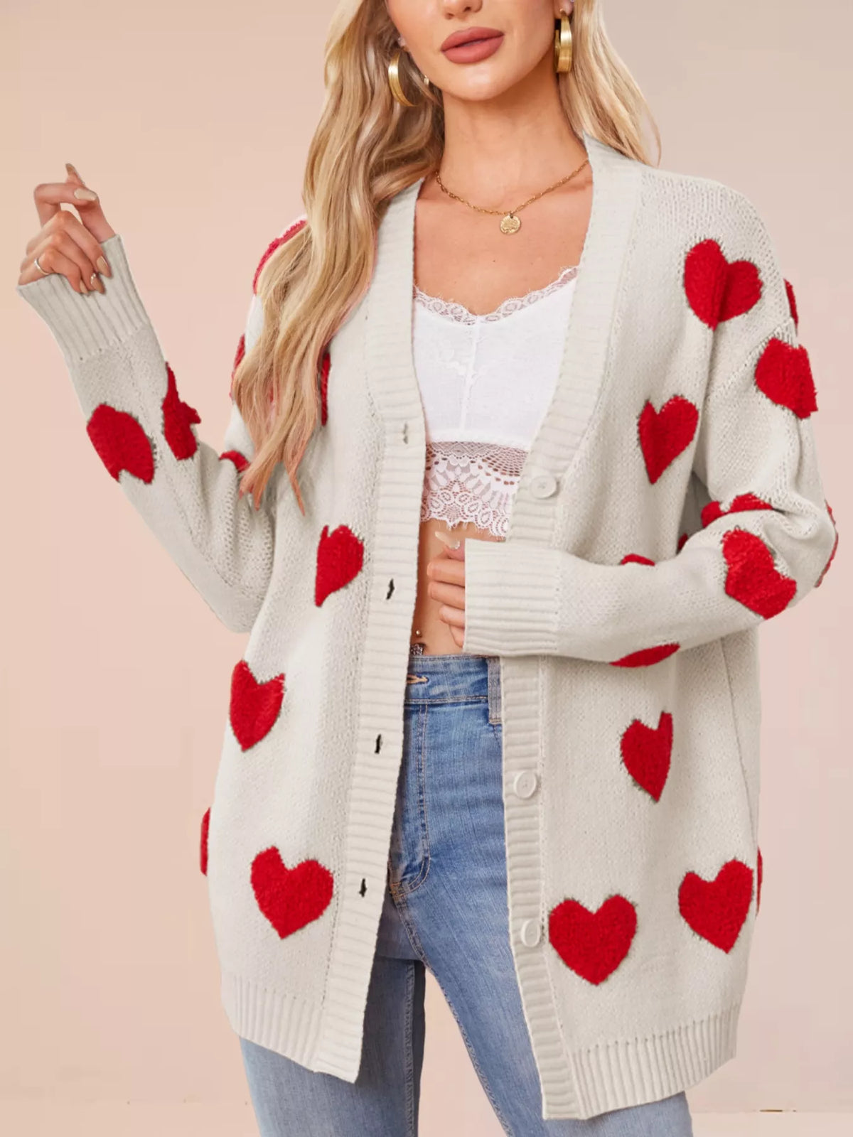Heart Pattern Knit Button-up Cardigan (12)