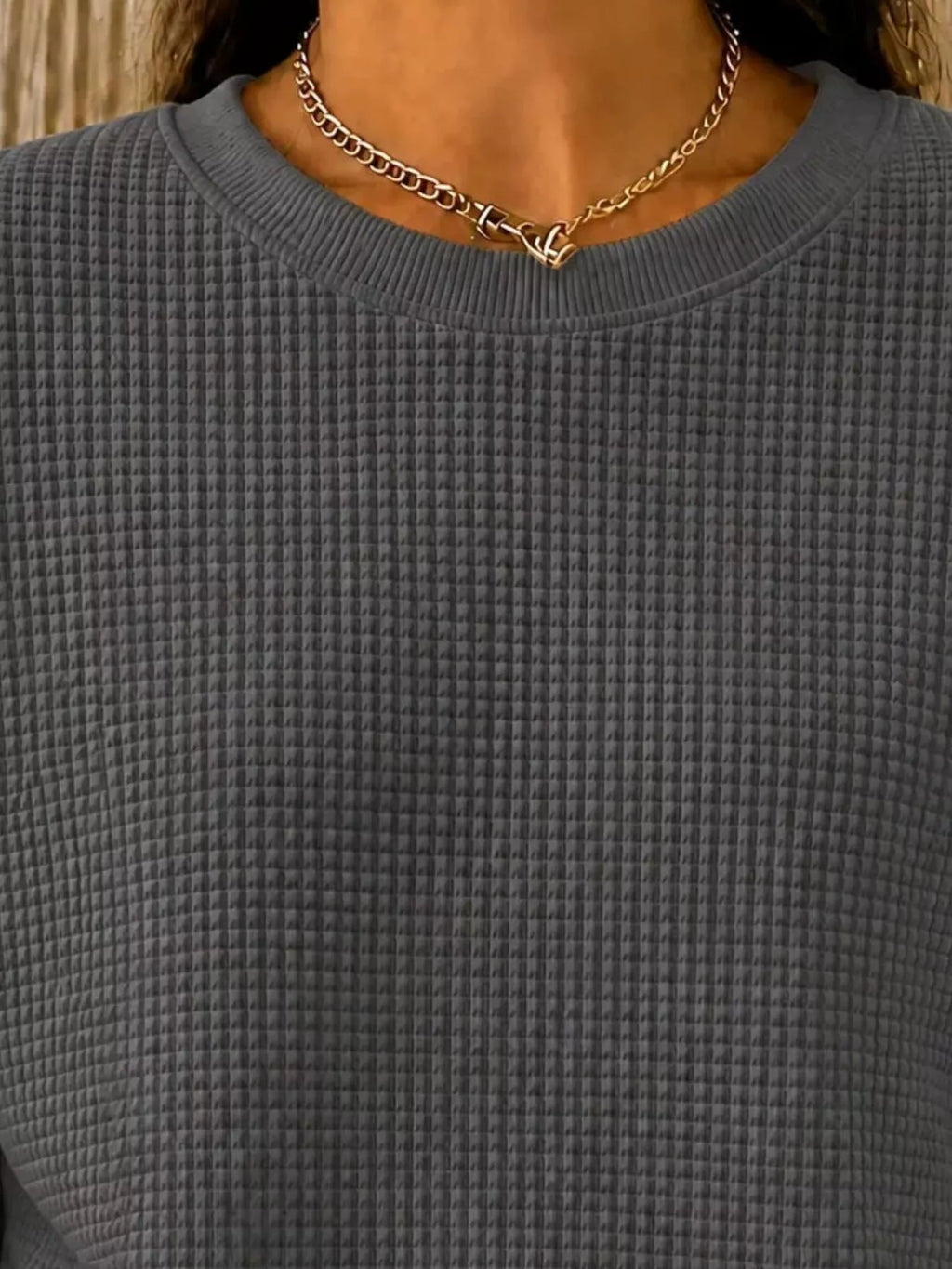 Full Size Waffle Knit Crewneck Sweatshirt Plus (20)