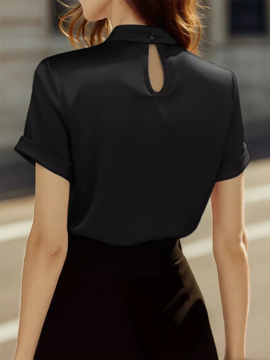 Keyhole Neck Satin Short Sleeve Blouse (6)