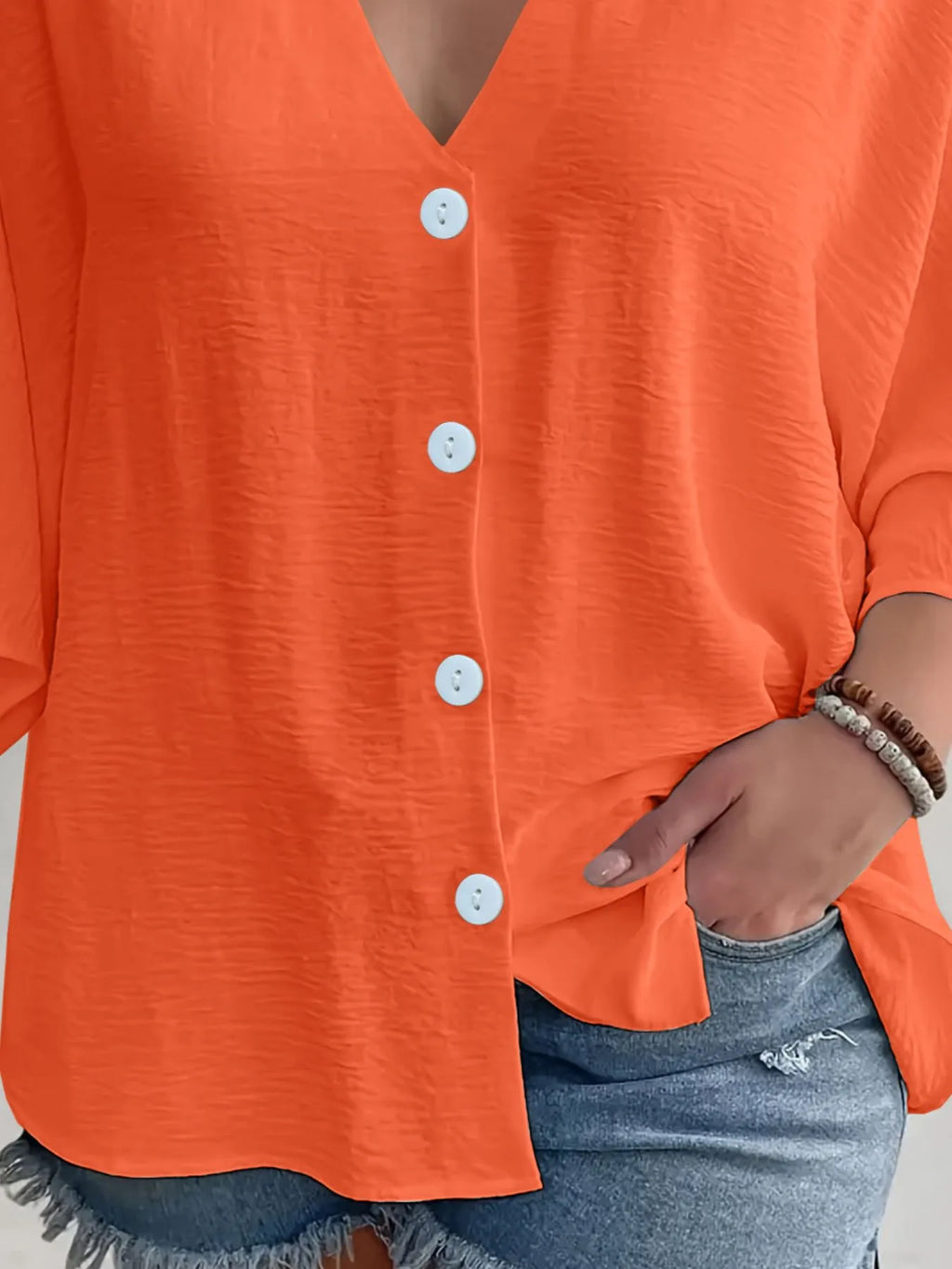 Full Size Casual V-neck Button Down Relaxed Fit Blouse Plus (6)