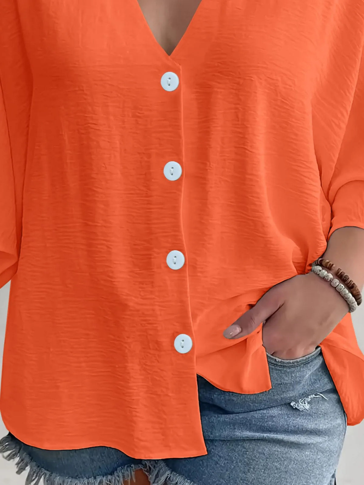 Full Size Casual V-neck Button Down Relaxed Fit Blouse Plus (6)