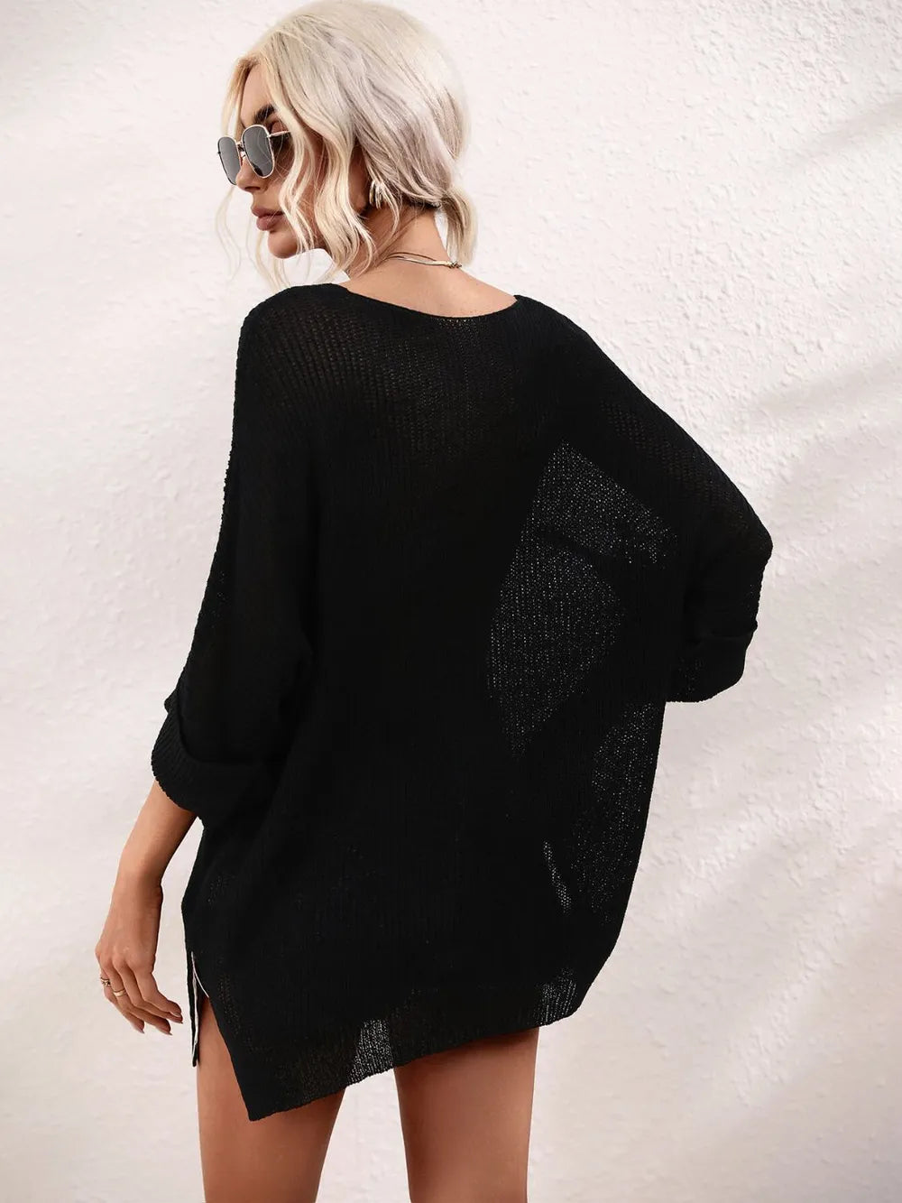 Boat Neck Cuffed Sleeve Slit Tunic Knit Top (13)