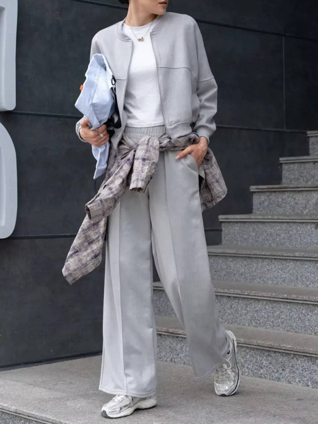 Zip Up Sweatshirt Wide-leg Pants Set (24)