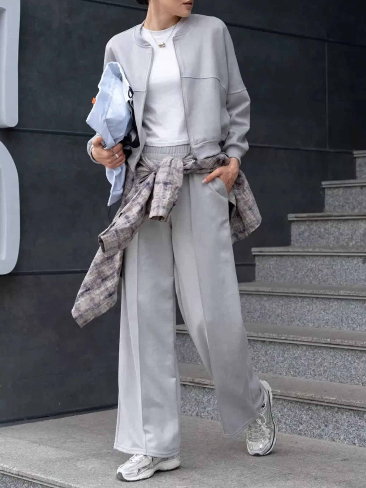 Zip Up Sweatshirt Wide-leg Pants Set (24)