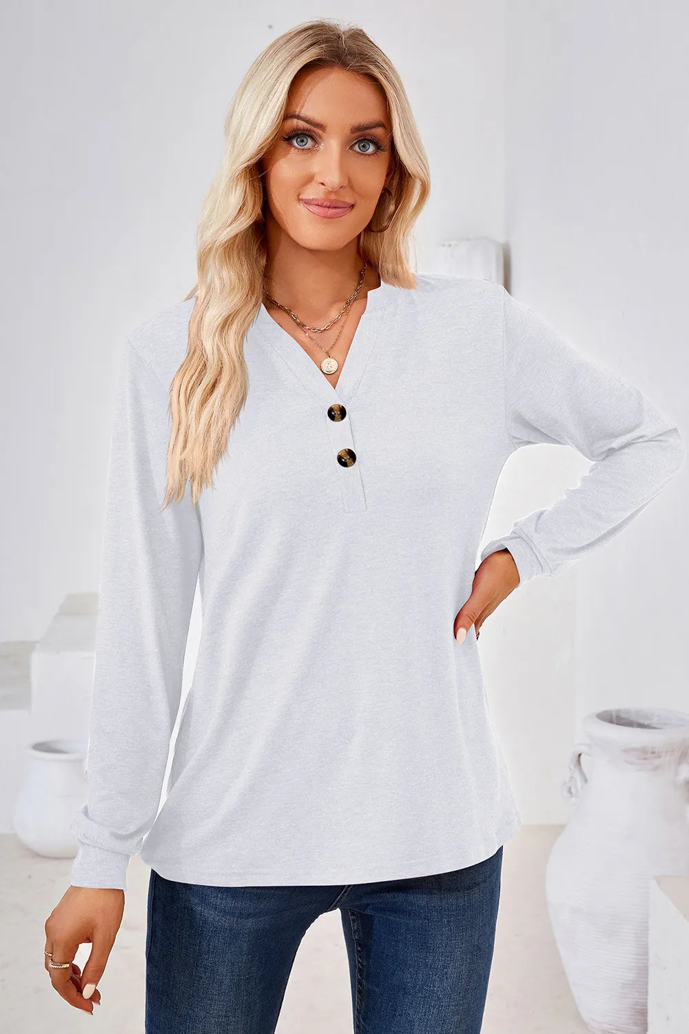 Notched Button Detail Long Sleeve T-shirt (3)