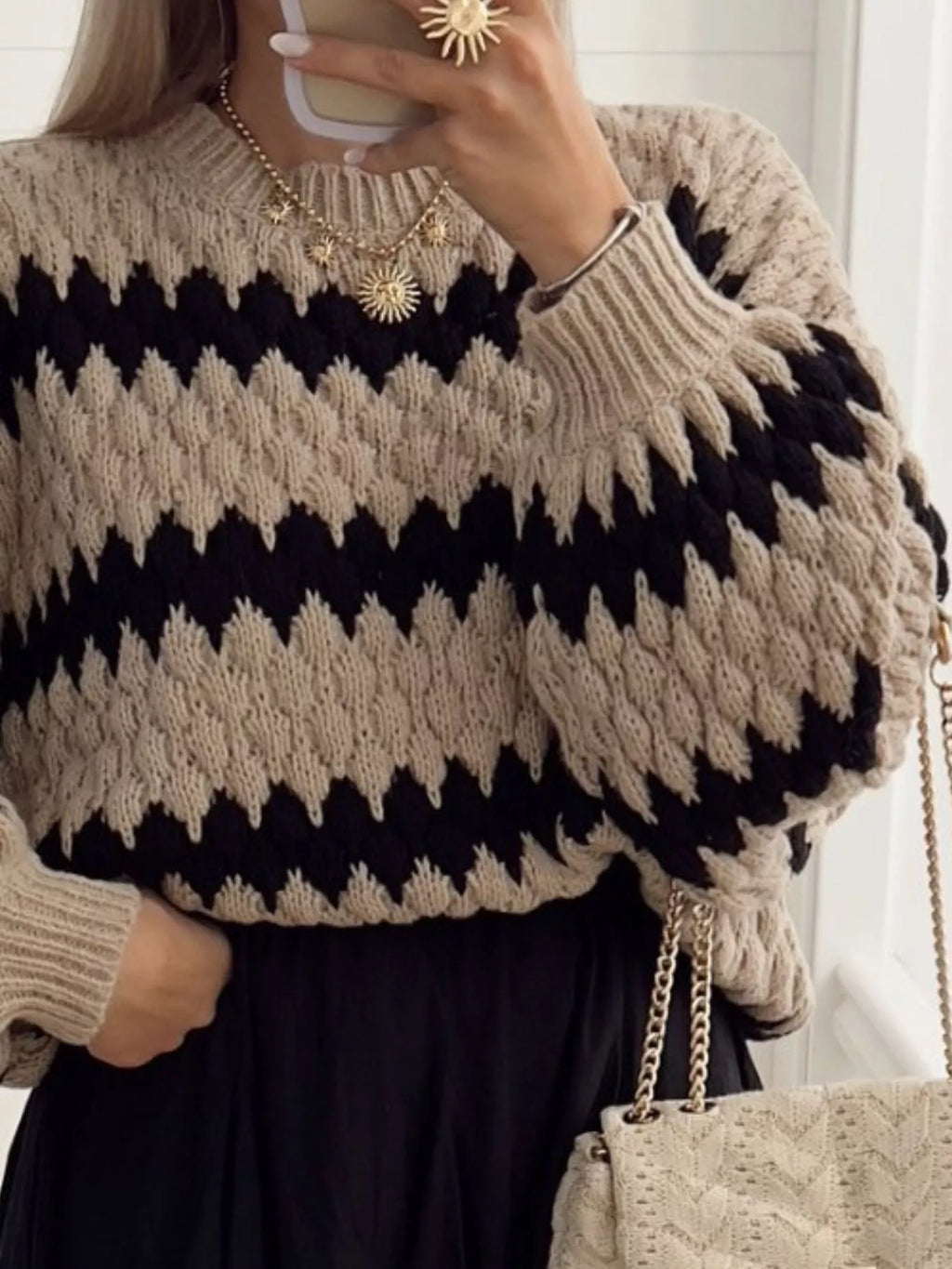 Striped Round Neck Dropped Shoulder Sweater (9)