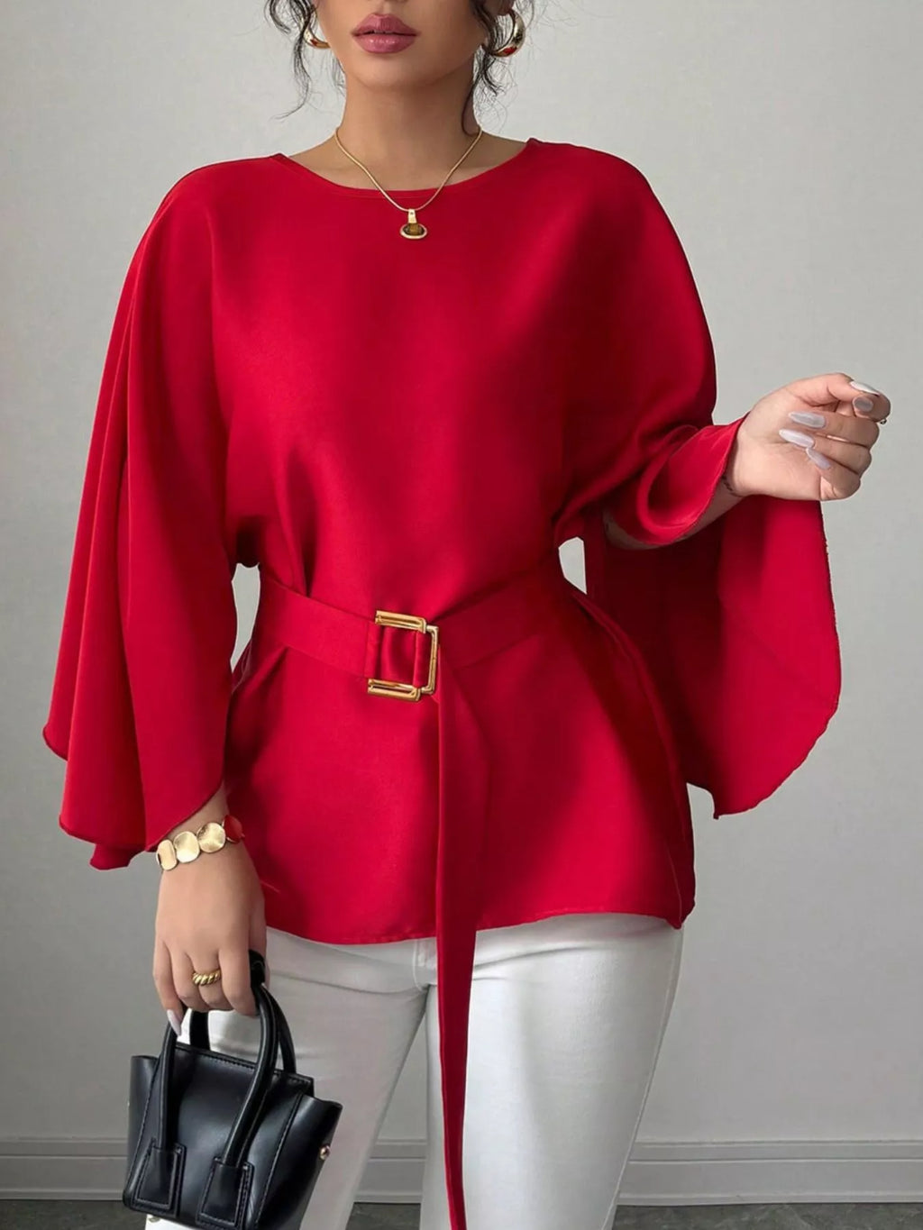 Round Neck Belt Batwing Sleeve Blouse (4)