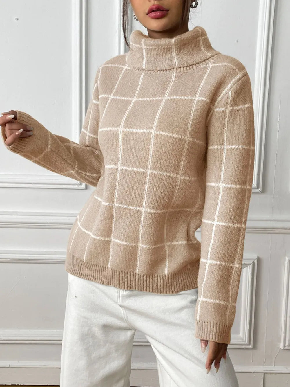 Plaid Turtleneck Long Sleeve Sweater (3)
