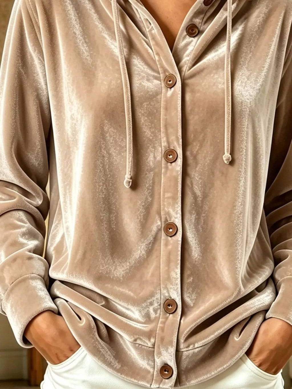 Full Size Velvet Button-down Hooded Top Plus (3)