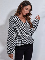 Ruched Printed V-neck Long Sleeve Blouse (5)