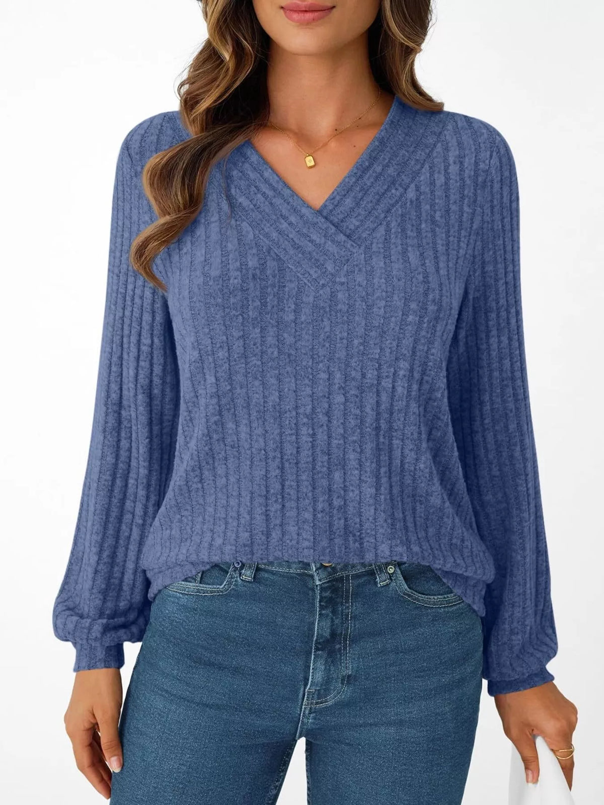 Ribbed Knit V-neck Long Sleeve T-shirt (23)
