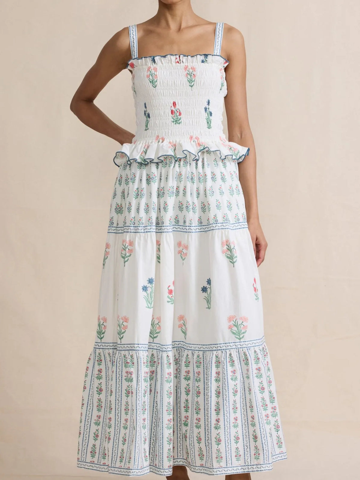 Smocked Ruffled Square Neck Maxi Dress