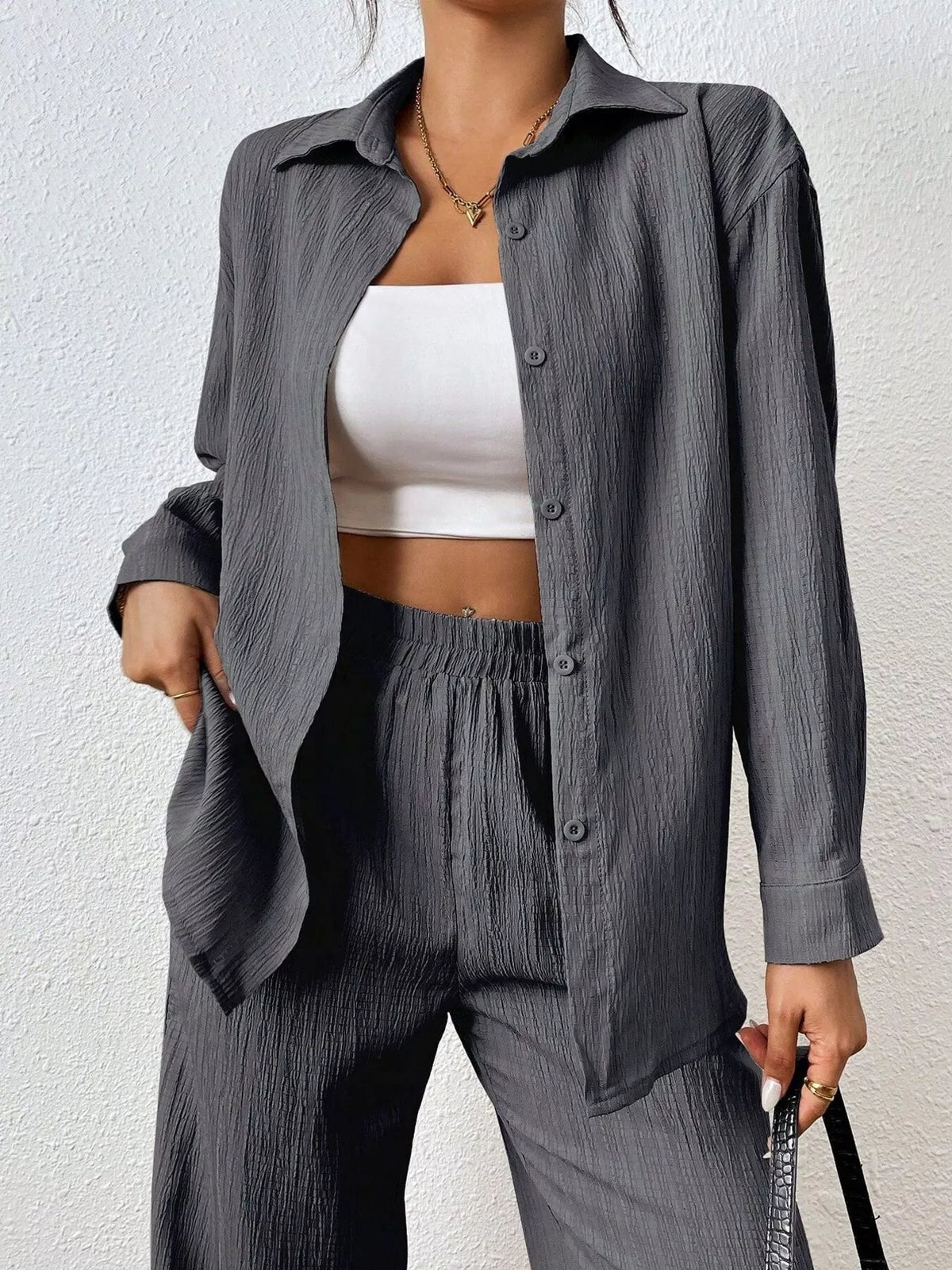 Button Up Long Sleeve Shirt Pants Set (5)