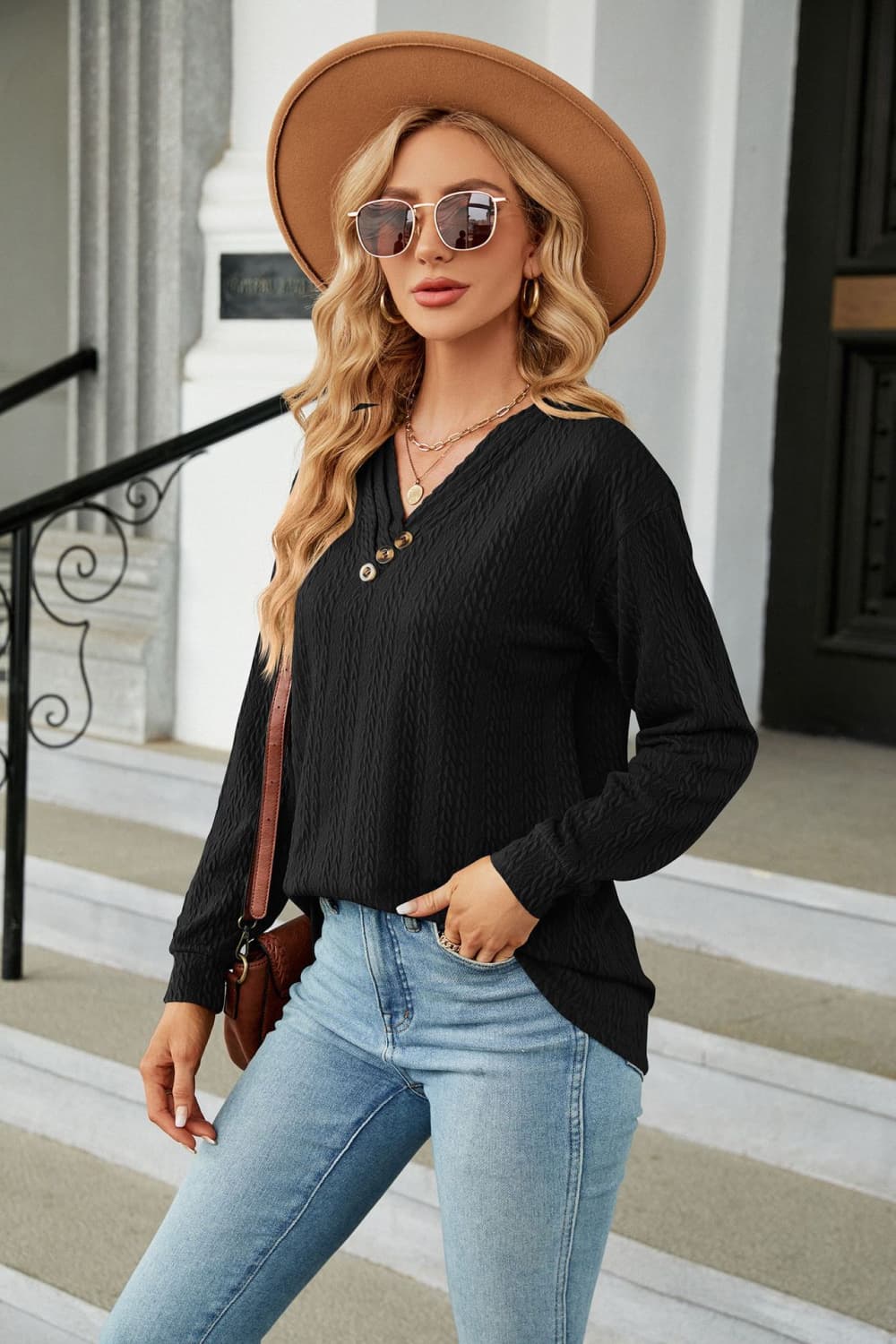Decorative Button V-neck Long Sleeve T-shirt (26)