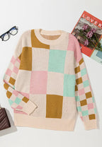Checkered Round Neck Drop Shoulder Sweater (5)