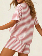 Striped Short Sleeve Tee Drawstring Shorts Set (14)