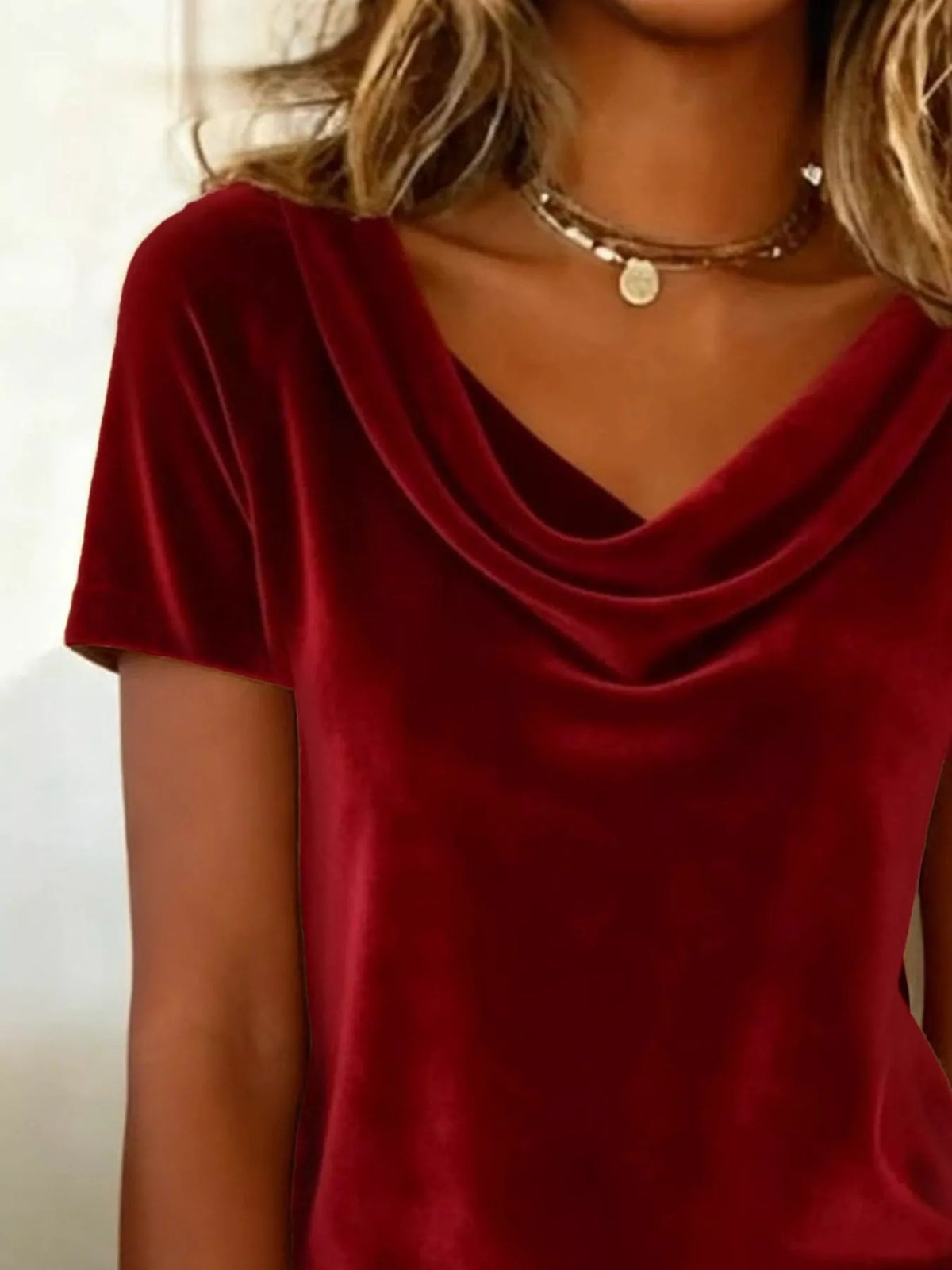 Velvet Cowl Neck Short Sleeve Top (14)