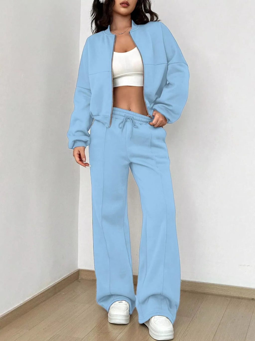 Casual Solid Color Zipper Jacket Wide Leg Pants Set (14)