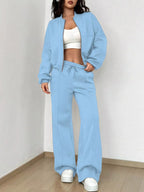 Casual Solid Color Zipper Jacket Wide Leg Pants Set (14)