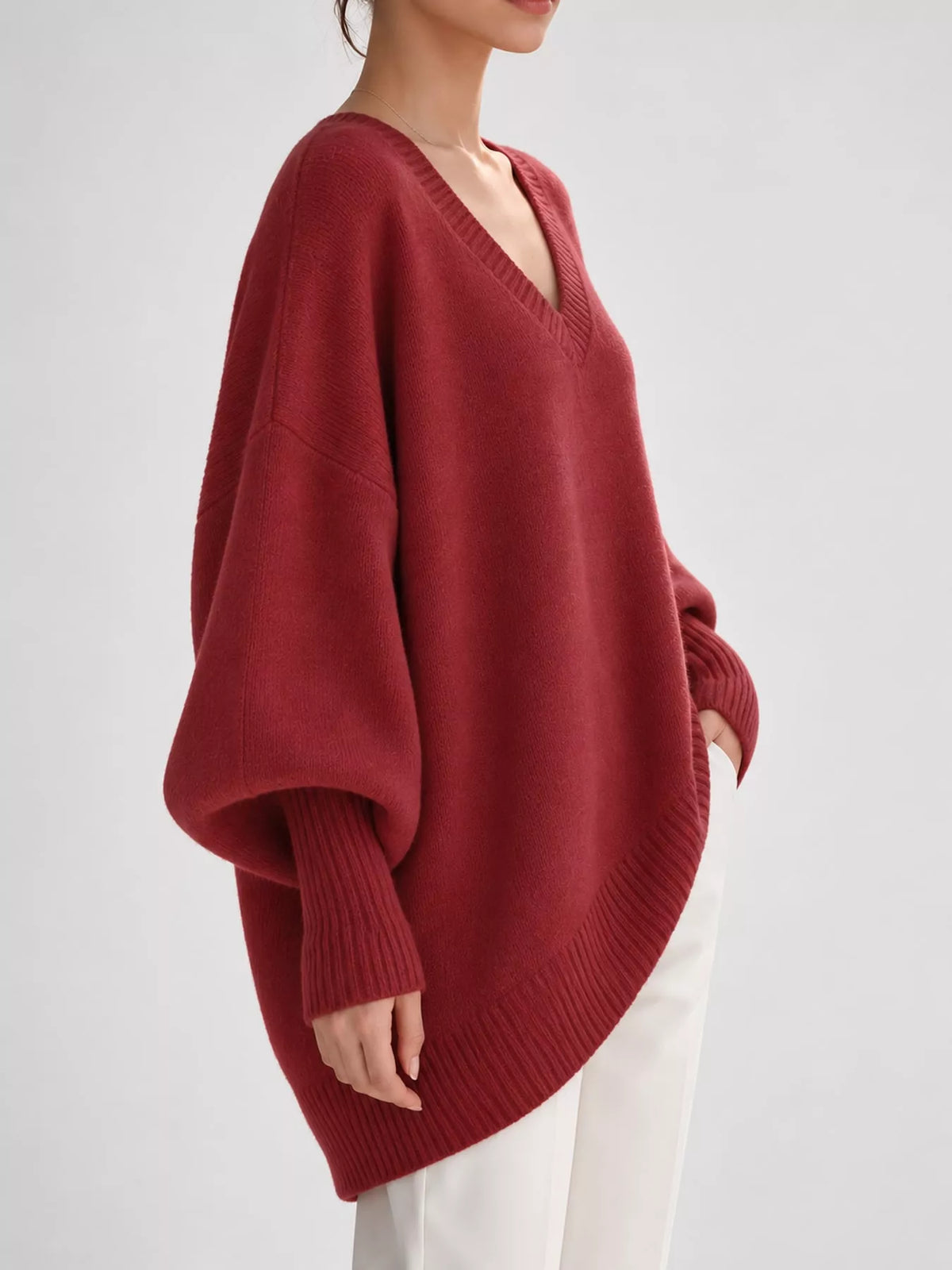 Full Size V-neck Oversized Batwing Sleeve Sweater Plus (2)