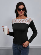 Lace Trim Long Sleeve Round Neck Tee (3)