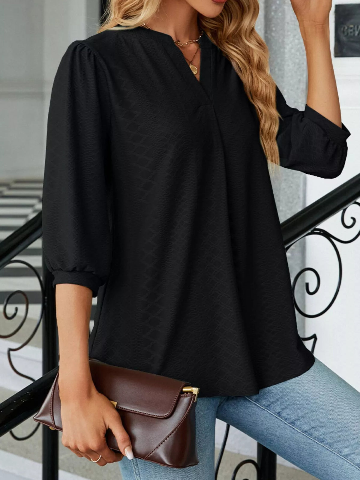 Notched 3/4 Sleeve Casual Top (18)