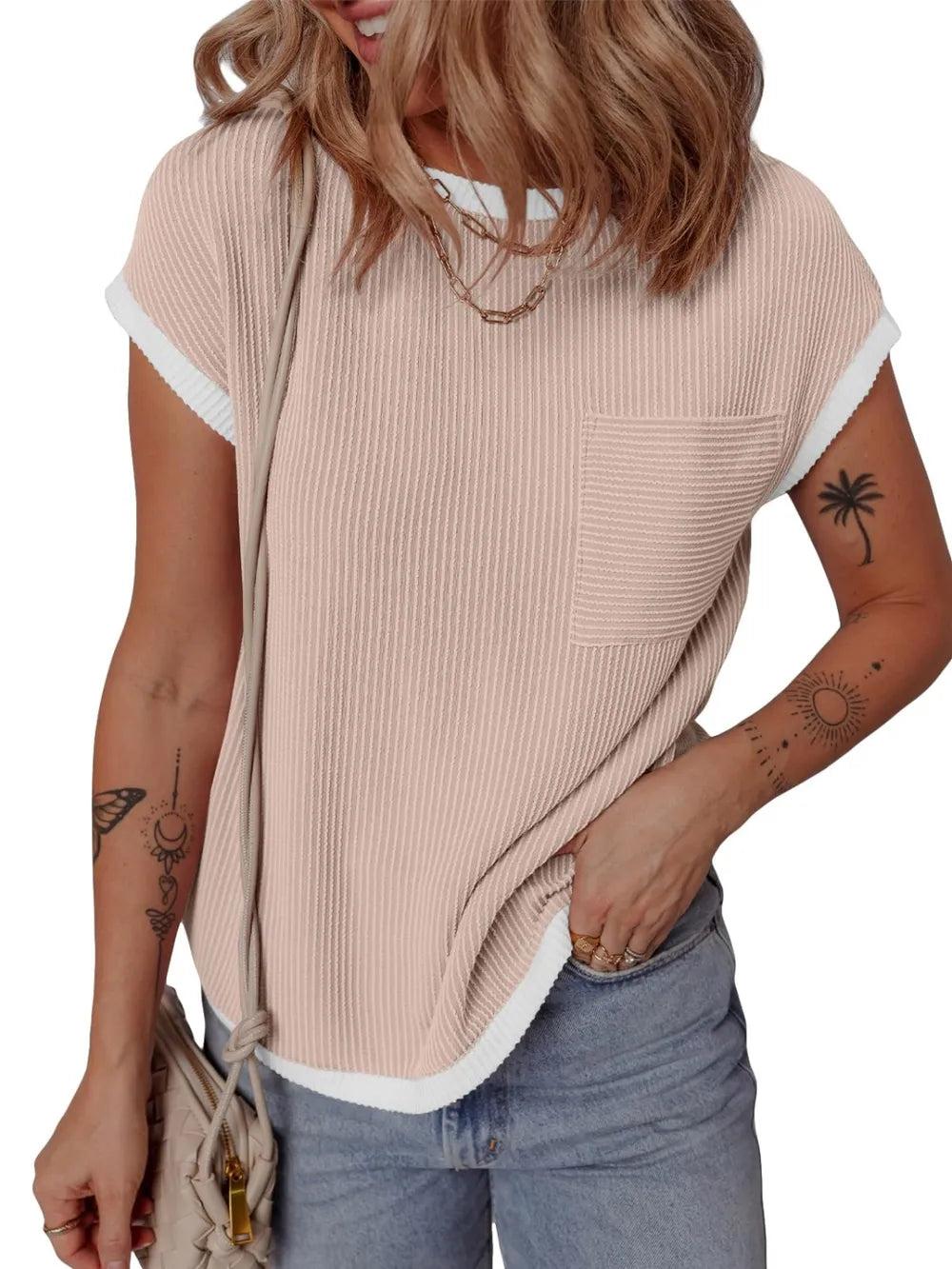 Contrast Trim Round Neck Short Sleeve T-shirt (30)