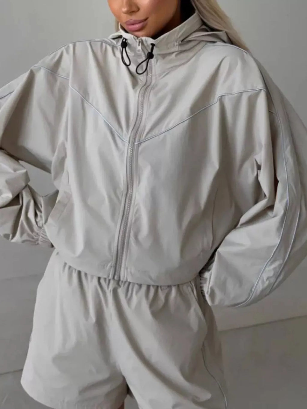 Drawstring Zip-up Jacket Shorts Set (20)