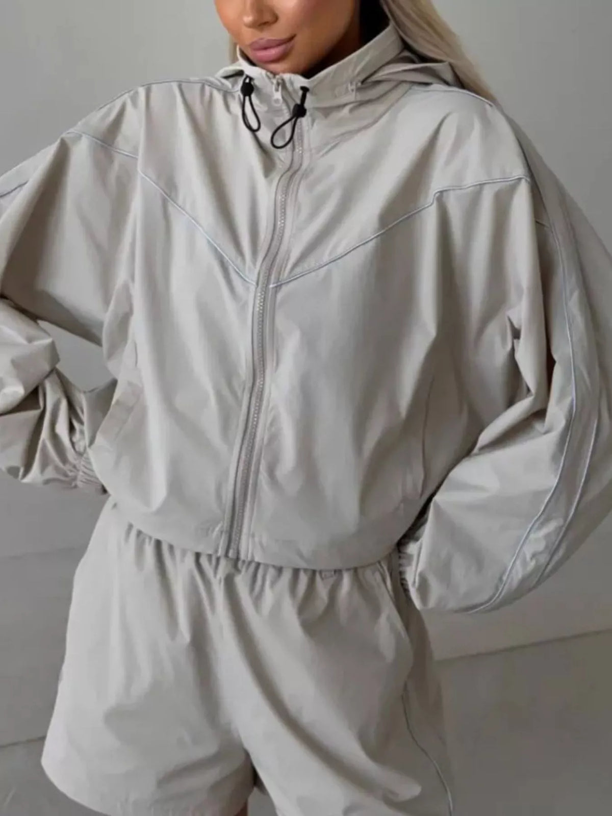 Drawstring Zip-up Jacket Shorts Set (20)