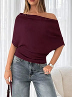Off-shoulder Ruched Knit T-shirt (19)