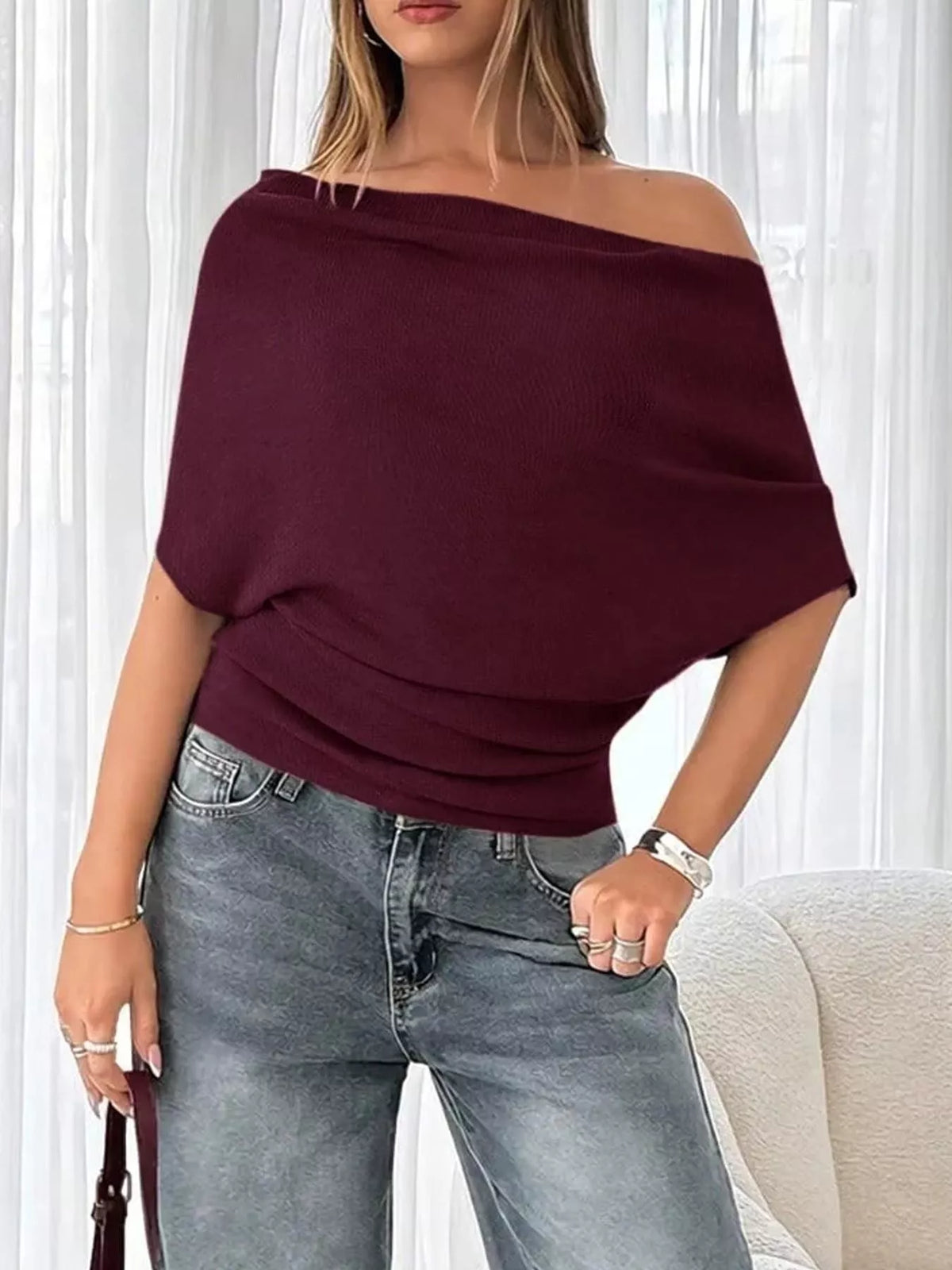 Off-shoulder Ruched Knit T-shirt (19)